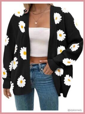 Plus Size Floral Print Long Sleeve Open Front Knit Cardigan